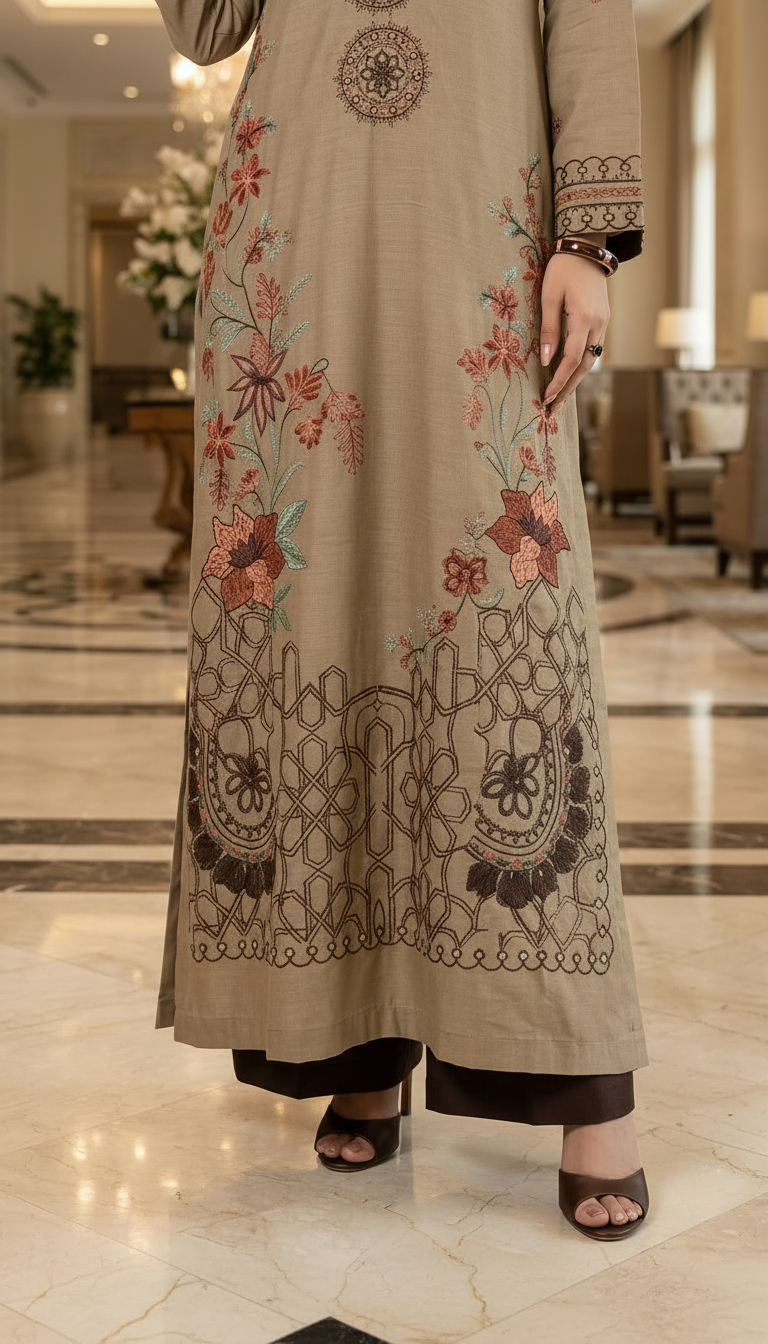 Gulrukh brown Fully Embroidered Kaftan Dress