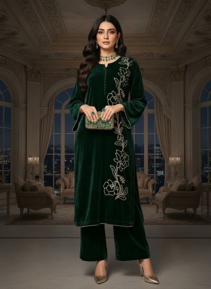 Natalia Green Velvet 2 Pcs Embroidered Dress