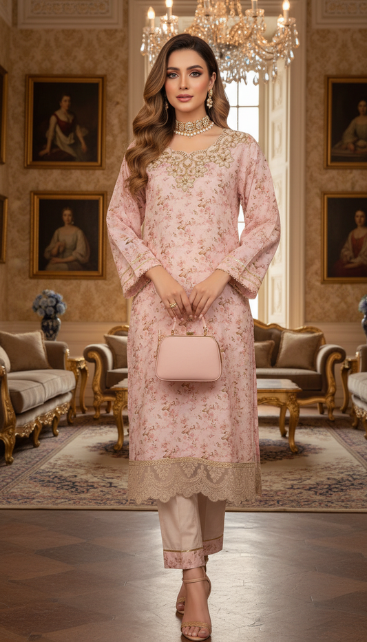 Maha Pink Ready to Wear 2 Pcs Hand Embroidered Dress