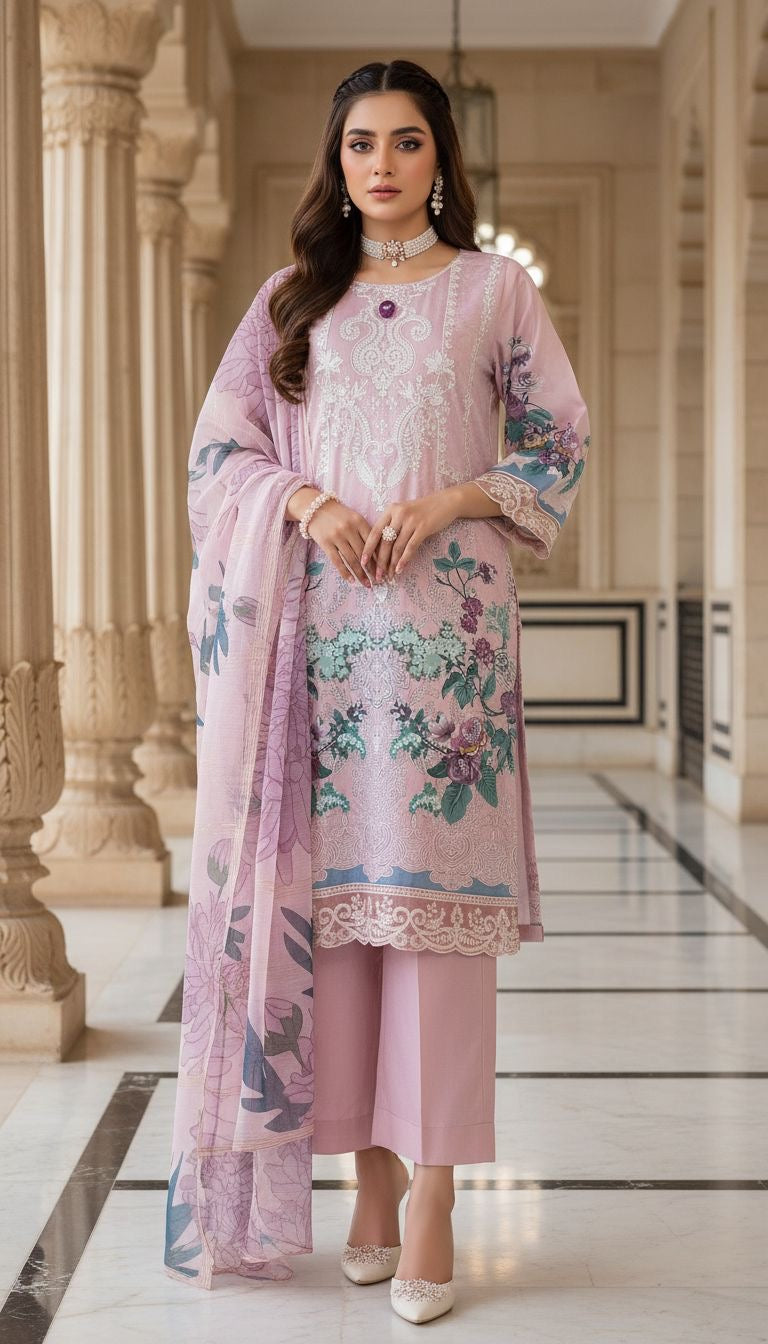 Butterfly Pink Ready to Wear 3 pcs Embroidered Dress