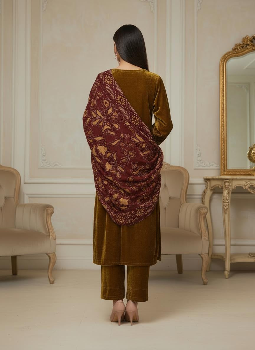 Chamki Velvet Ready to Wear 3 Pcs Dress with Palachi Shawl