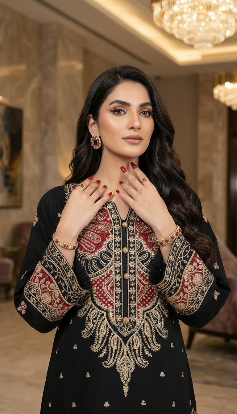 Mahrani Black Ready to Wear 2 Pcs Embroidered Kaftan