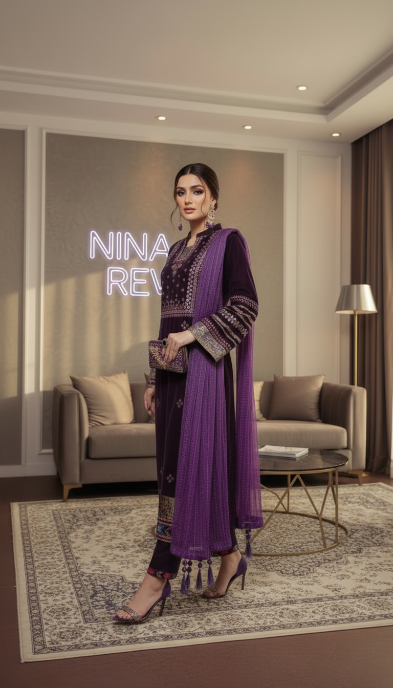 Bohemia burgundy Velvet Embroidered 3 Pcs Dress