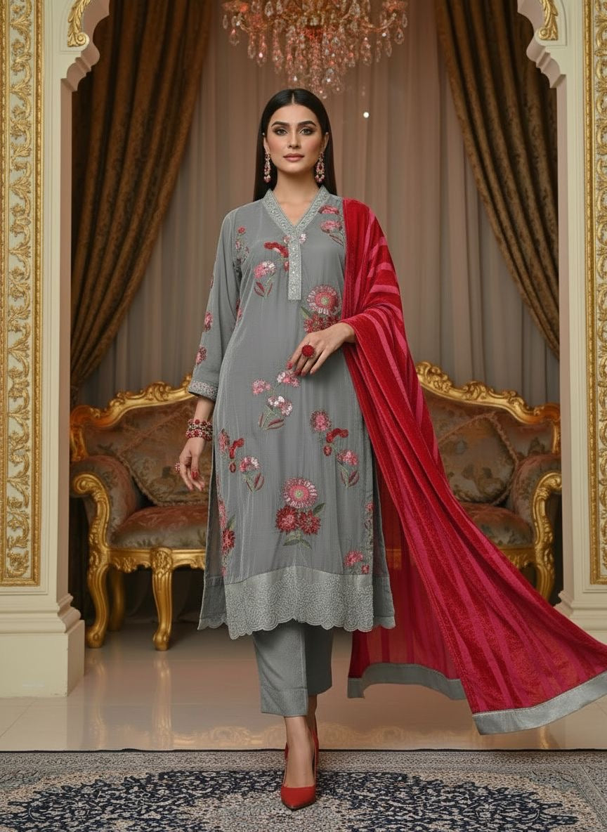 Nudrat Grey Velvet Ready to Wear 3 pcs Embroidered Dress with Palachi Shawl
