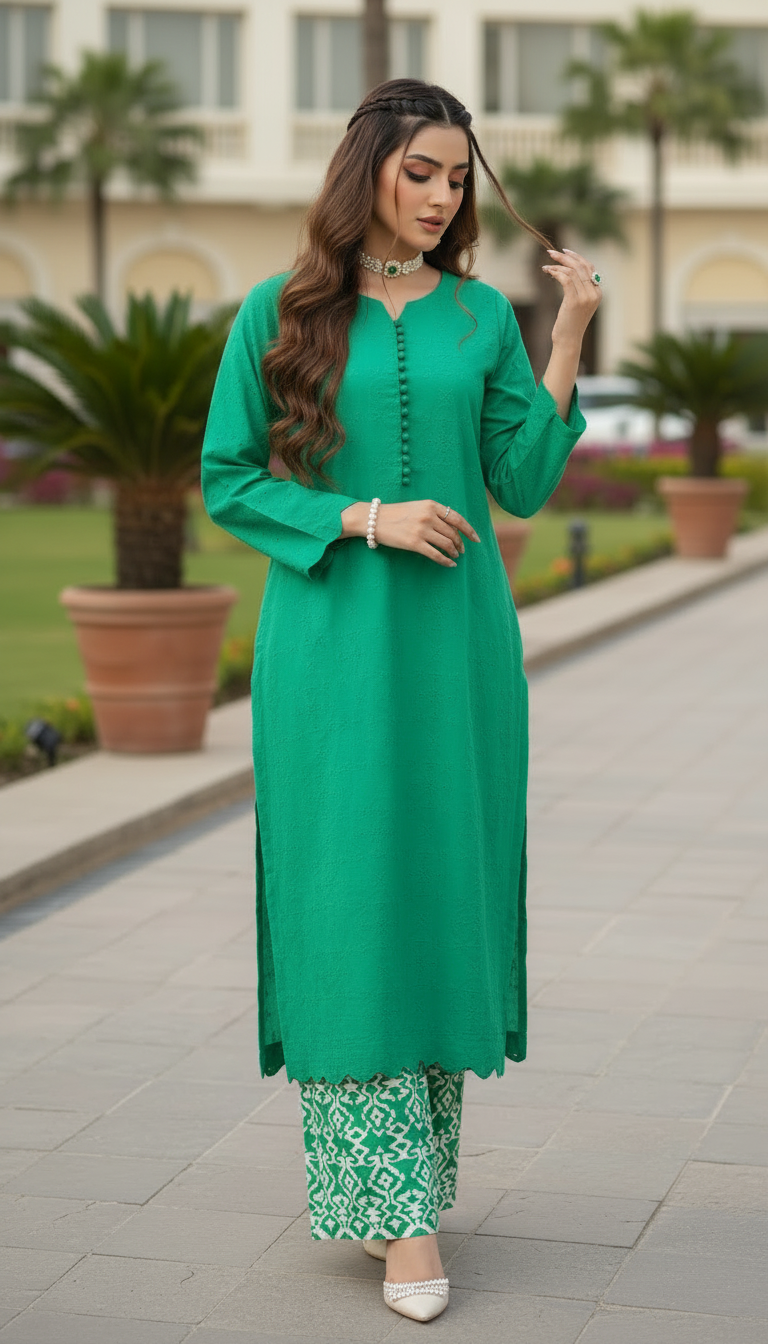 Green Chikankari Ready to Wear 2 Pcs Dress