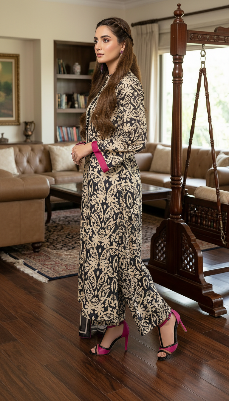 Mateer Navy Classic Ready to Wear 3 Pcs Dress with Silk dopatta
