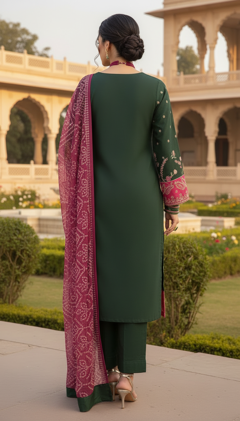 Green Grace Fully Embroidered 3 Pcs Dress with Chiffon dopatta