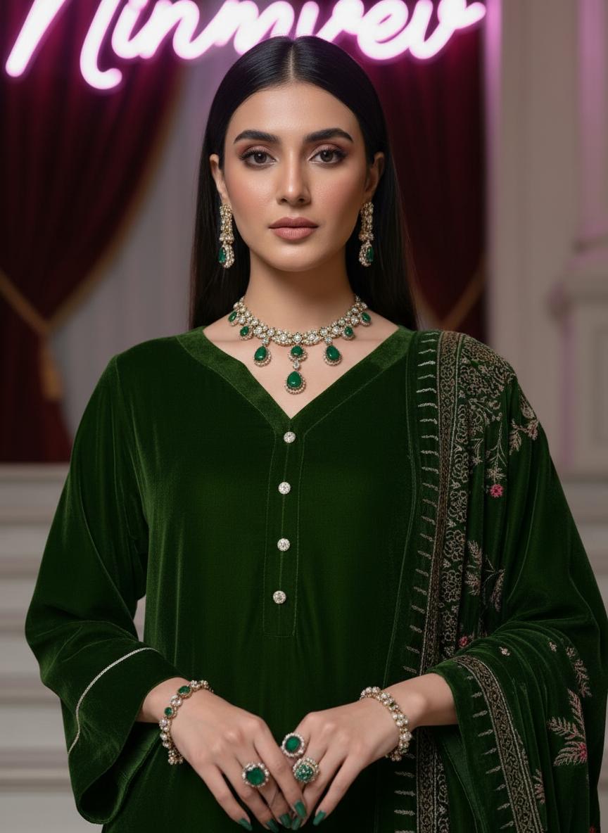 Shahkar Green Velvet Ready to Wear 3 Pcs Collection with Velvet Shawl