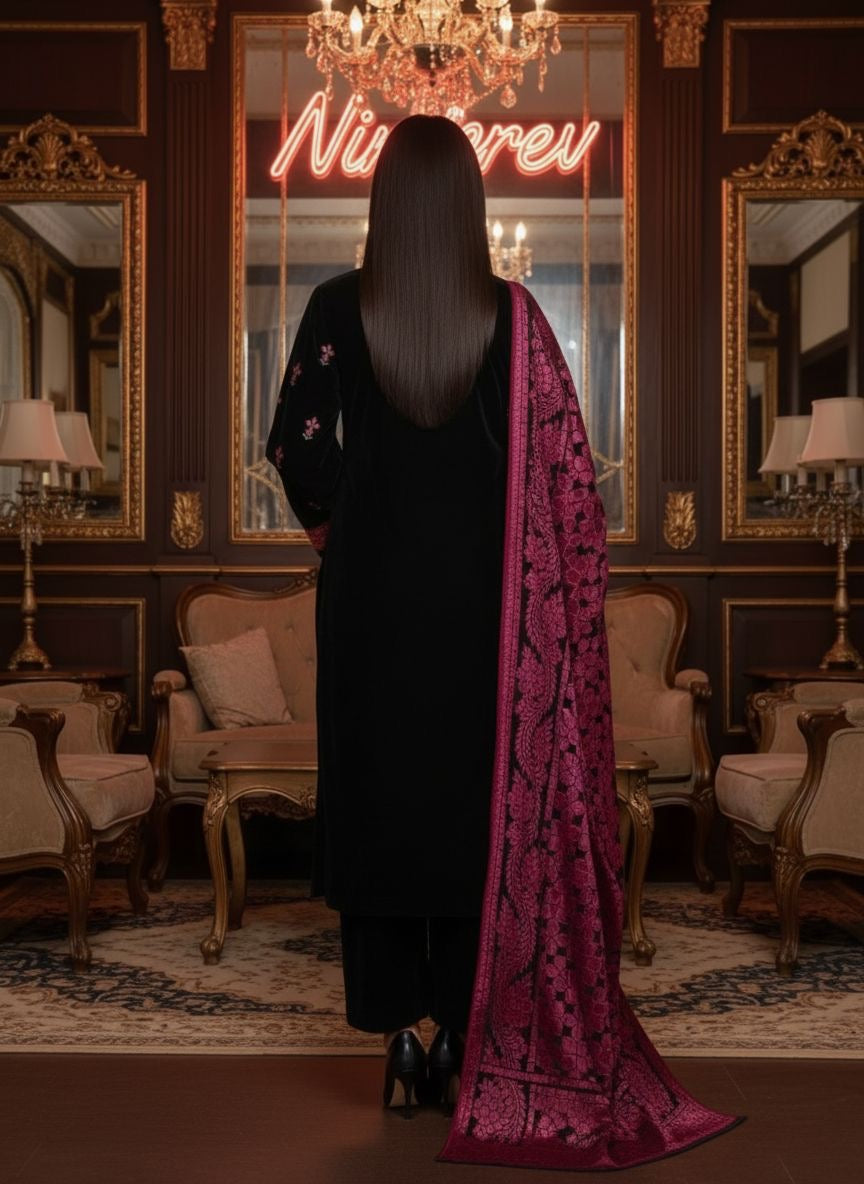 Chandan Ready to Wear 3 Pcs Velvet Embroidered dress with Palachi Shawl
