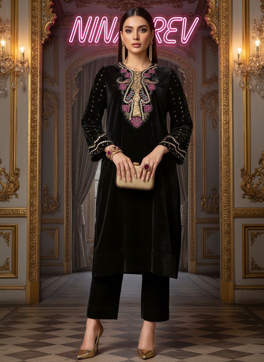 Black Galaxy Velvet Ready to Wear 2 Pcs Embroidered Dress