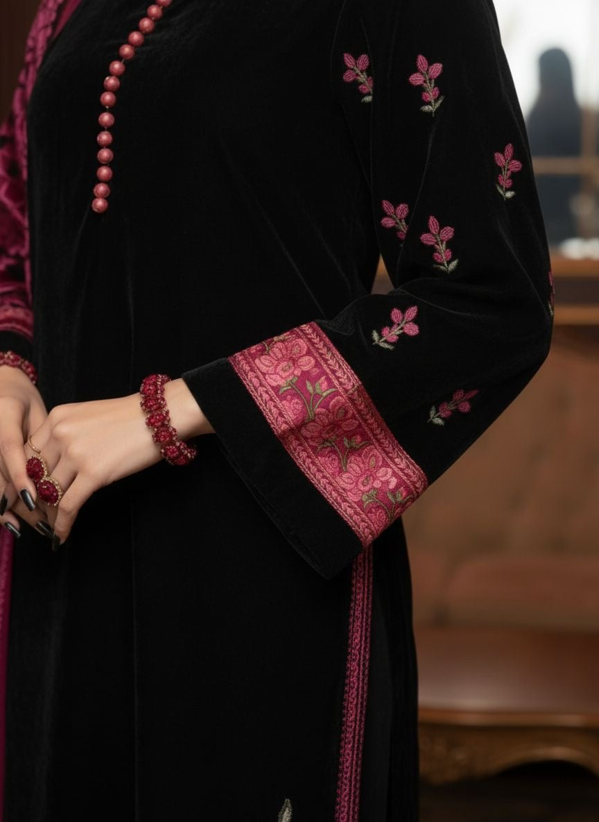 Chandan Ready to Wear 3 Pcs Velvet Embroidered dress with Palachi Shawl
