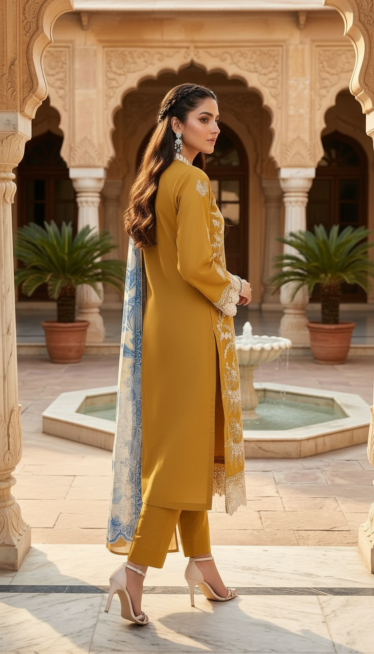 Sharvi Mustard Chikankari Embroidered 3 Pcs Dress