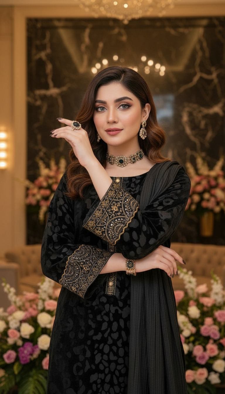 Nida Black Velvet Embroidered 3 Pcs Dress