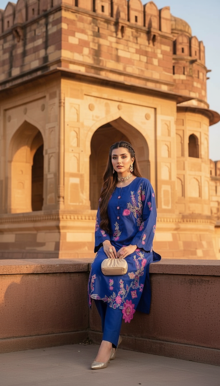 Amber Royal blue Embroidered 2 pcs Kaftan