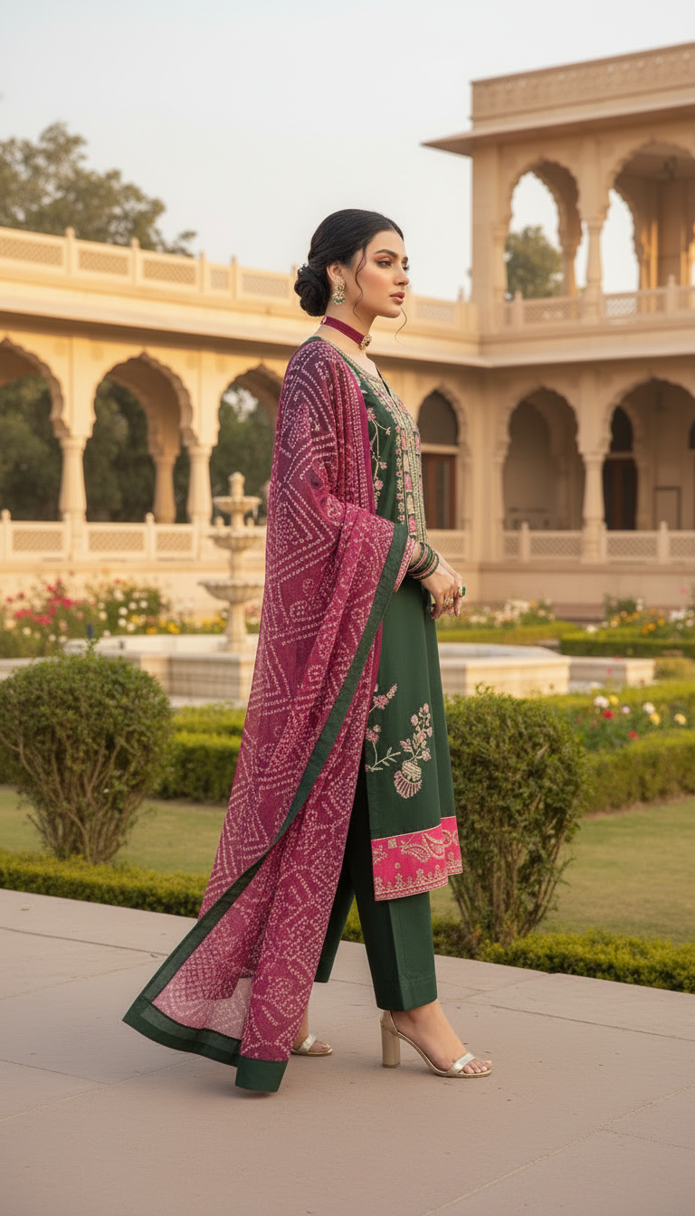 Green Grace Fully Embroidered 3 Pcs Dress with Chiffon dopatta