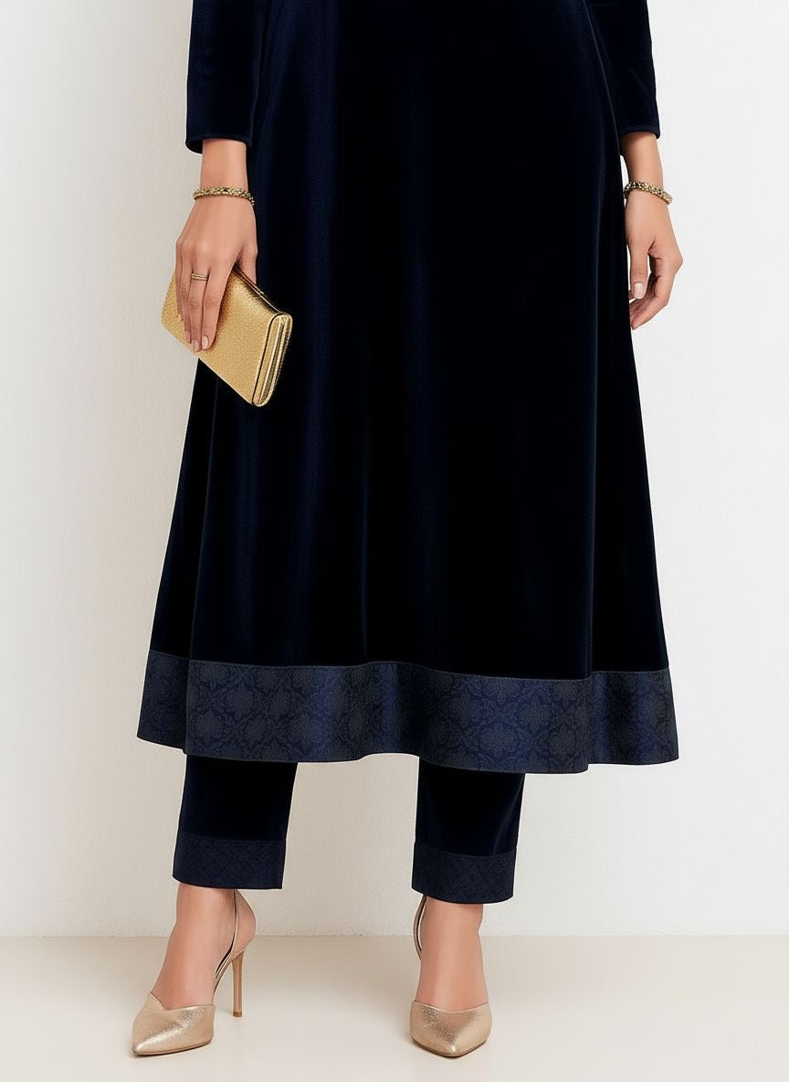 Regal Blue Velvet 2 Pcs Dress hi