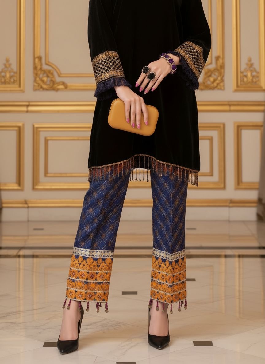 Kamyar Black Velvet 2 Pcs Dress with fully Embroidered Trouser