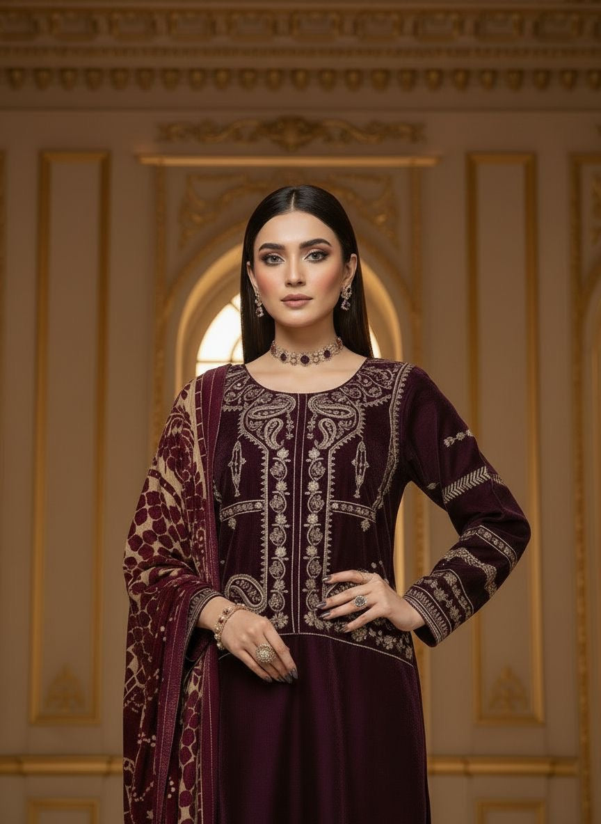 Mumtaz Velvet Embroidered 3 Pcs Dress with Palachi Shawl