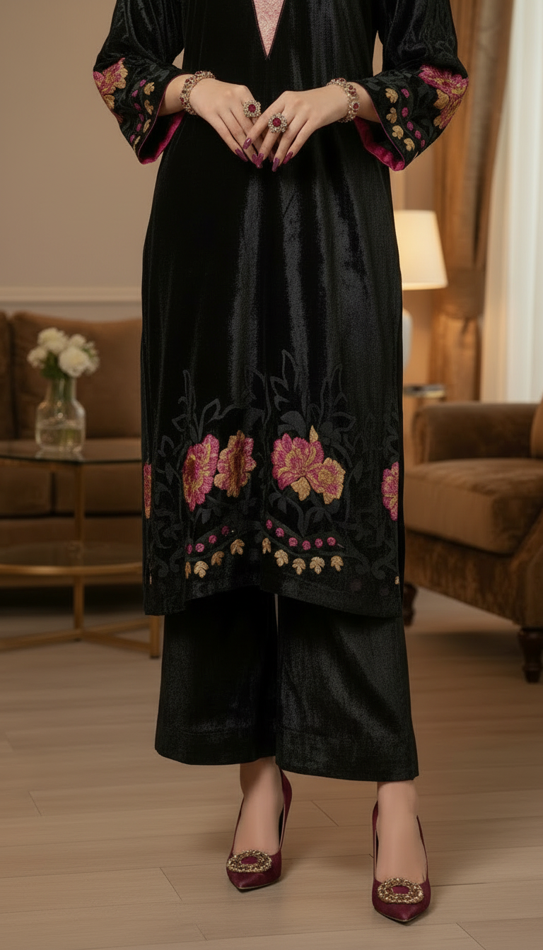 Lilly Black French Velvet 3 Pcs Dress with Velvet Shawl