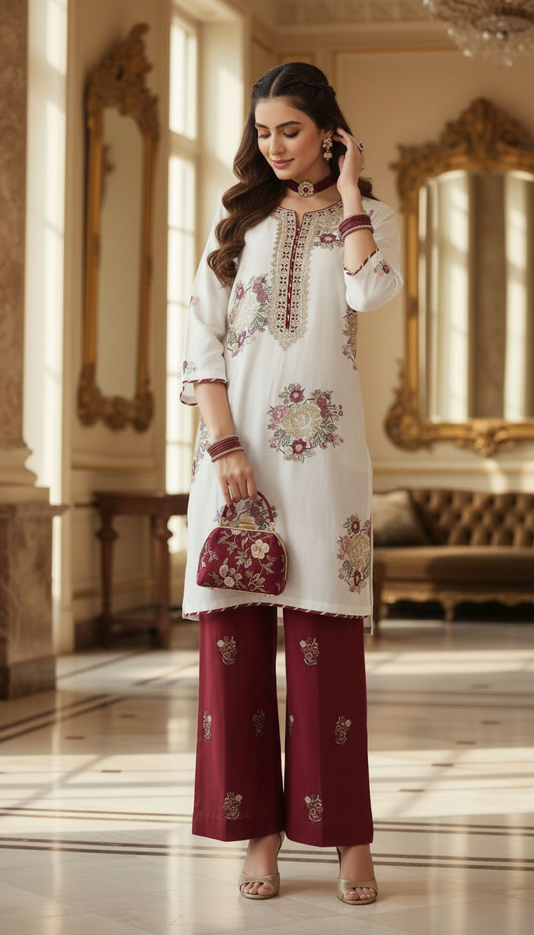 Dua White Ready to Wear 2 Pcs Embroidered Dress