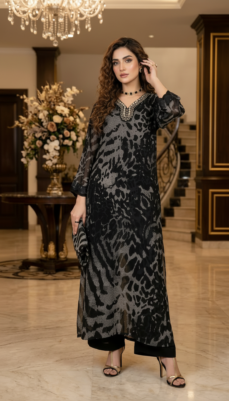 Uswa Black Lawn Ready to Wear 2 Pcs Kaftan Dress