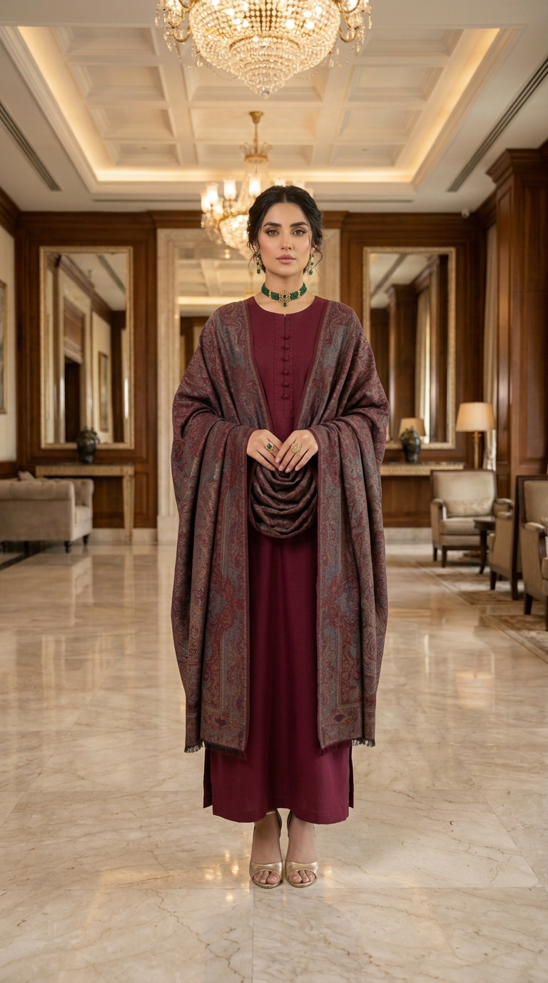 Rabail maroon Kani shawl Ready to Wear 3 Pcs Dress