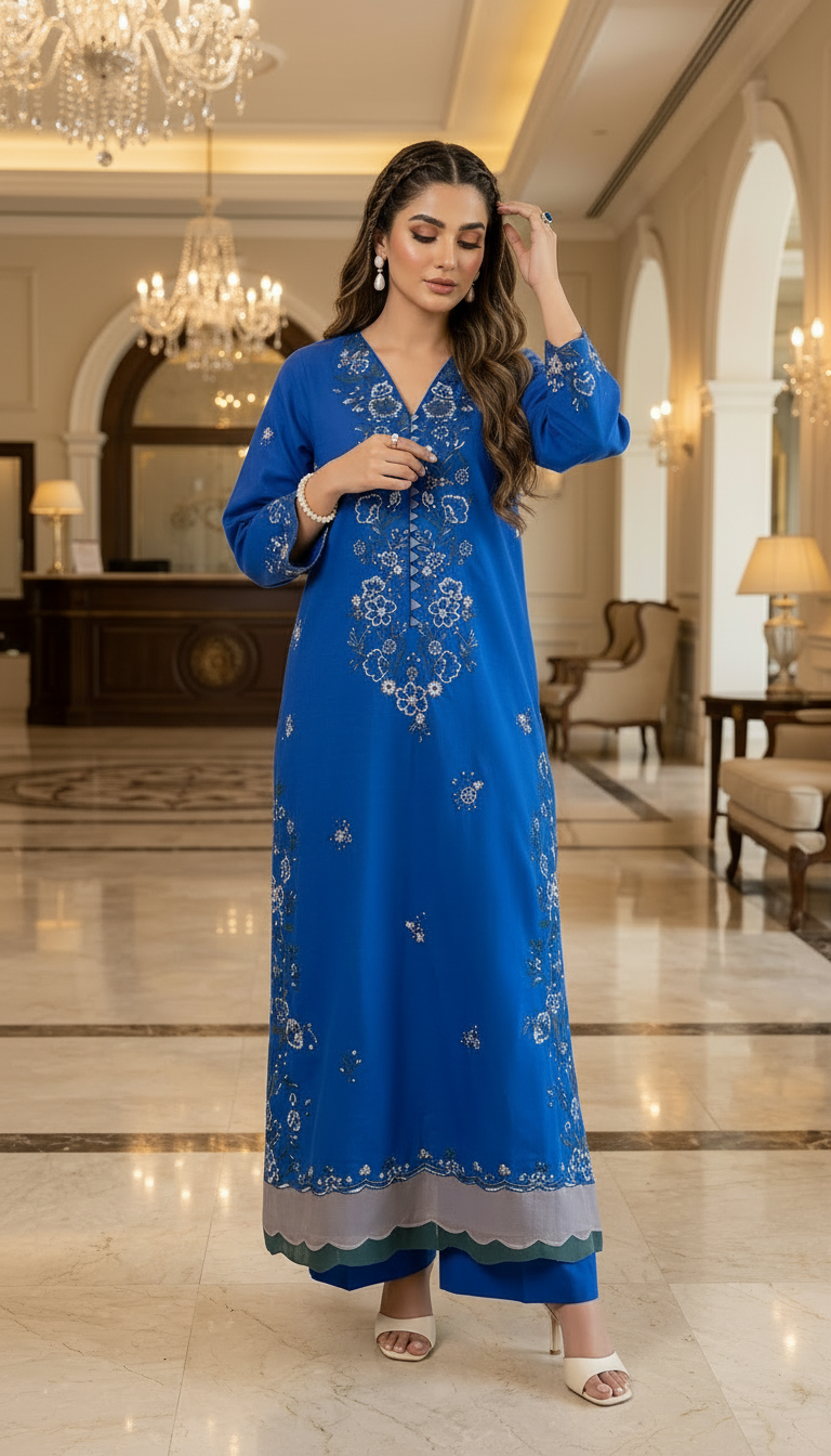 Rena Blue Ready to Wear 2 Pcs Embroidered Dress