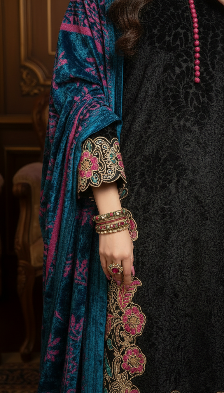 Akbari Black Velvet 3 pcs Embroidered Dress with Shawl