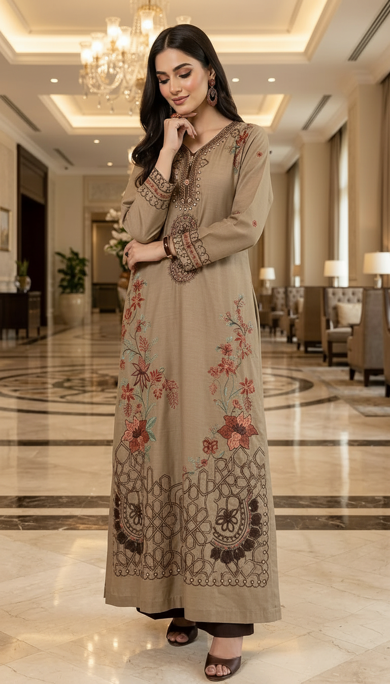 Gulrukh brown Fully Embroidered Kaftan Dress