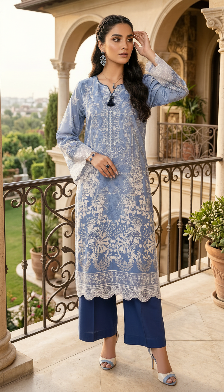 Aqua Deep Ready to Wear 2 Pcs Linen Embroidered Dress