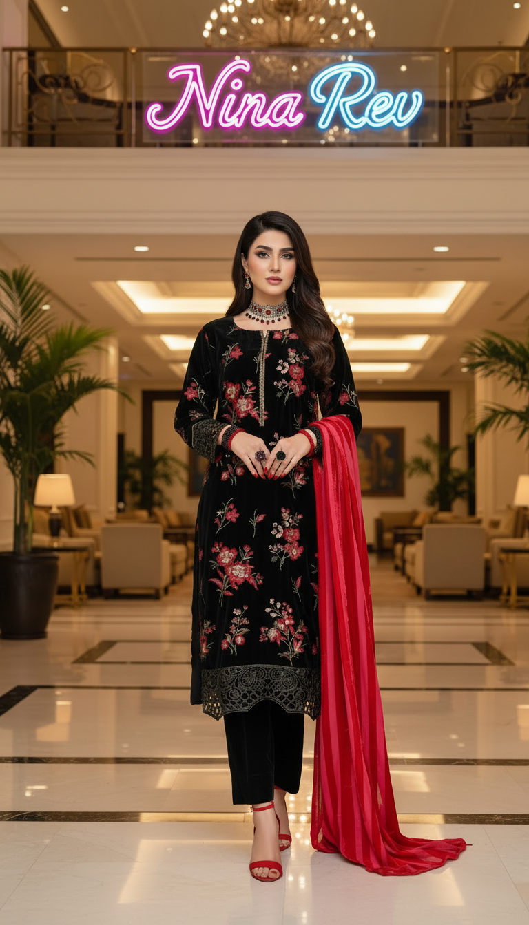 Black Shimmer Velvet Ready to Wear 3 Pcs Embroidered Dress