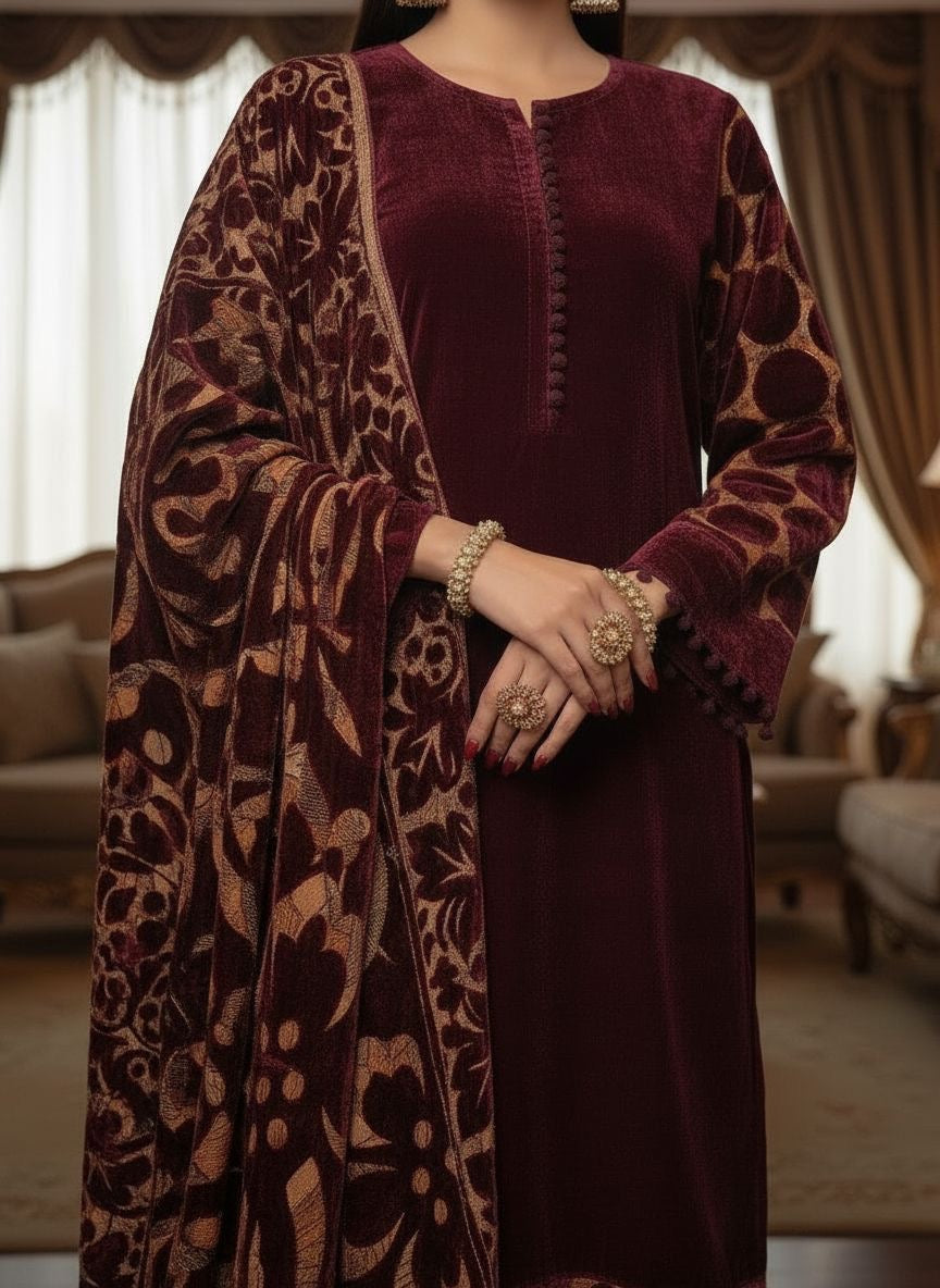 Aroosa Maroon Velvet Ready to Wear 3 Pcs Dress
