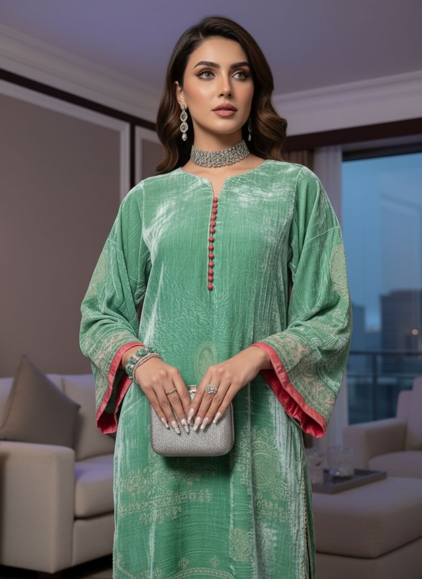 Pistachio French Velvet 2 Pcs Dress with Palachi Work
