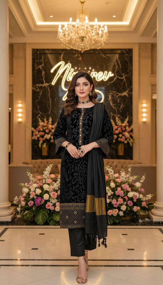 Nida Black Velvet Embroidered 3 Pcs Dress