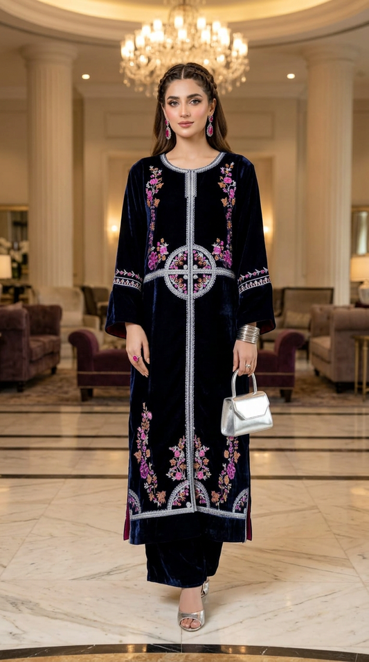 Sakawat Velvet Ready to Wear 2 Pcs Embroidered dress