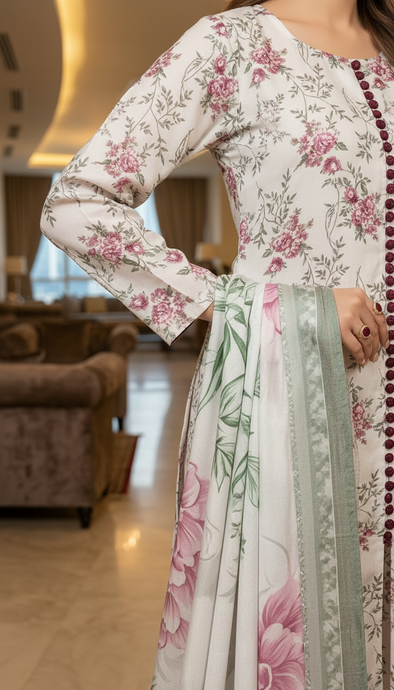 Elan Ready to Wear 3 Pcs Linen Dress with Silk dopatta