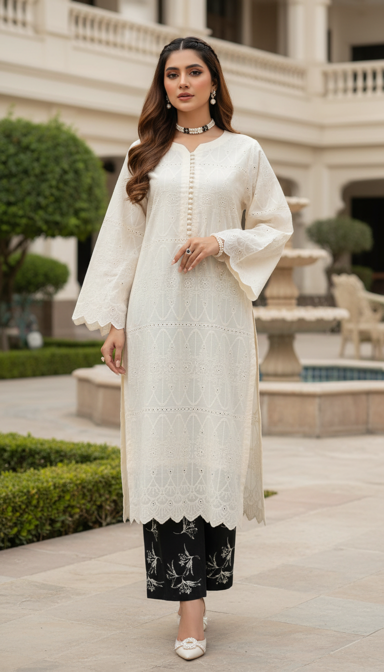Humna Cream Chikankari Ready to Wear 2 Pcs Dress