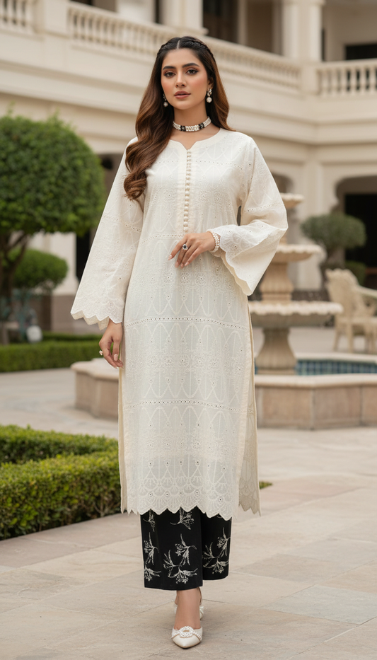 Humna Cream Chikankari Ready to Wear 2 Pcs Dress