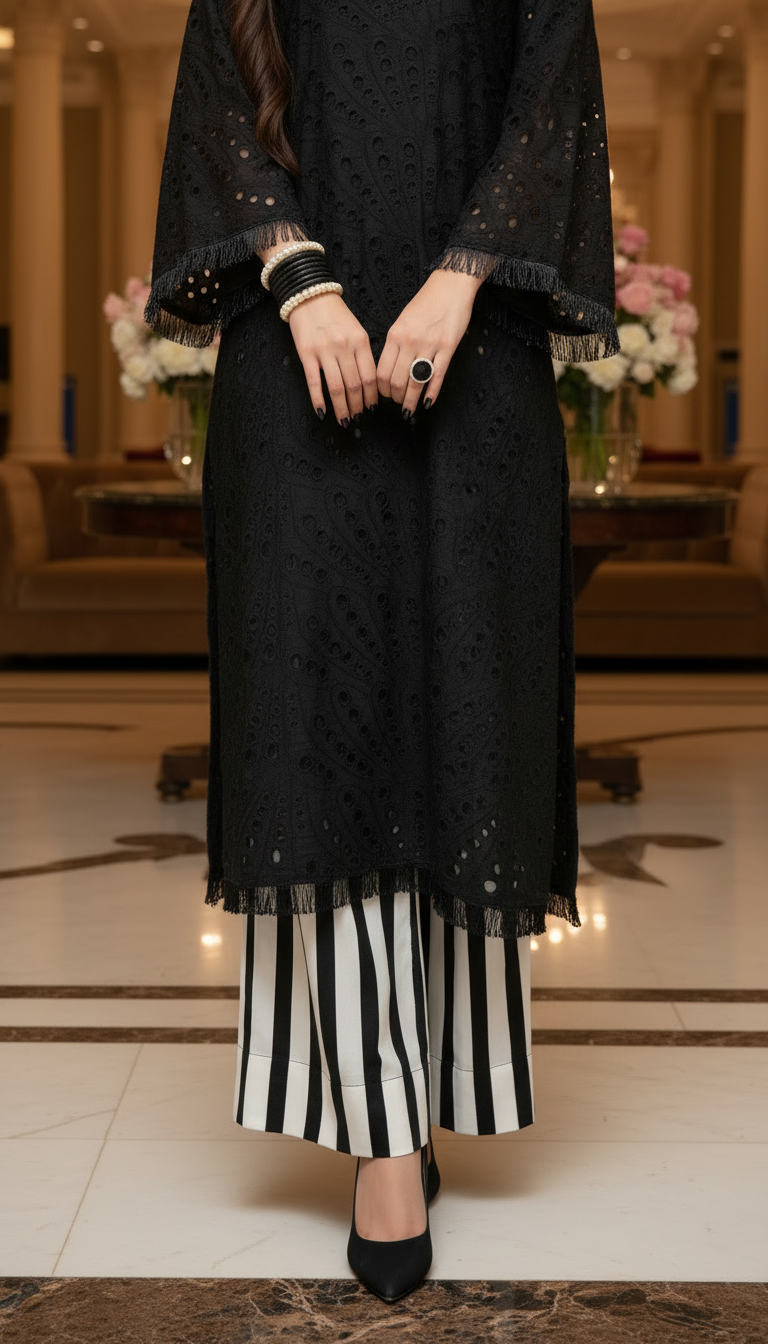 Black and White Chikankari Ready to Wear 2 Pcs Dress
