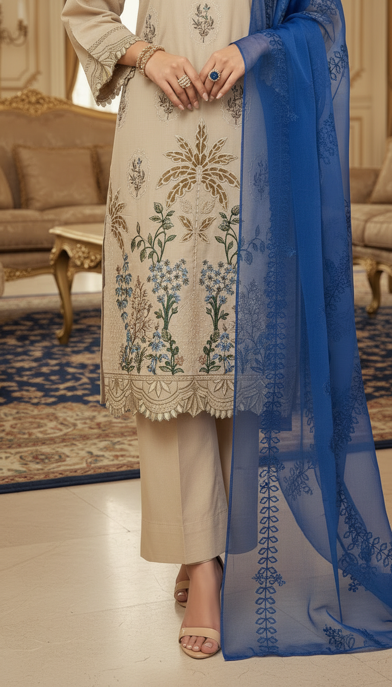 Beige and Blue Ready to Wear 3 Pcs Embroidered Dress