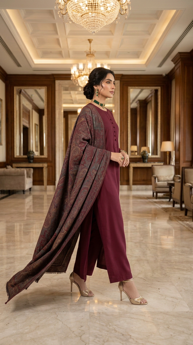 Rabail maroon Kani shawl Ready to Wear 3 Pcs Dress