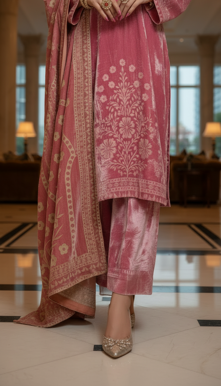 Fancy Pink French Velvet 3 Pcs Dress with Velvet Shawl