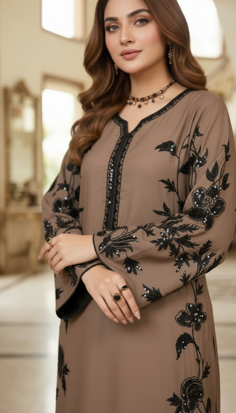 Shezana Brown Embroidered 2 Pcs kaftan Dress