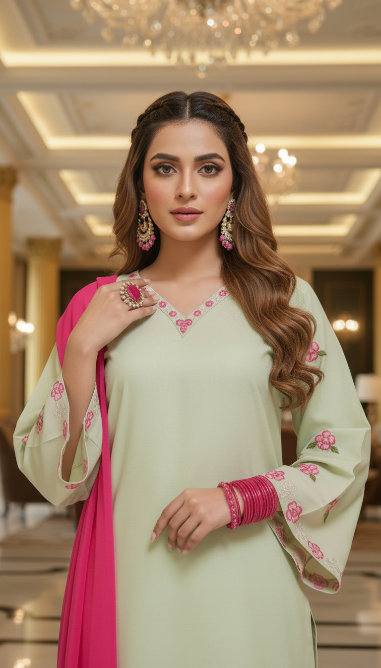 Maham Pistachio Ready to Wear 3 Pcs Embroidered Dress