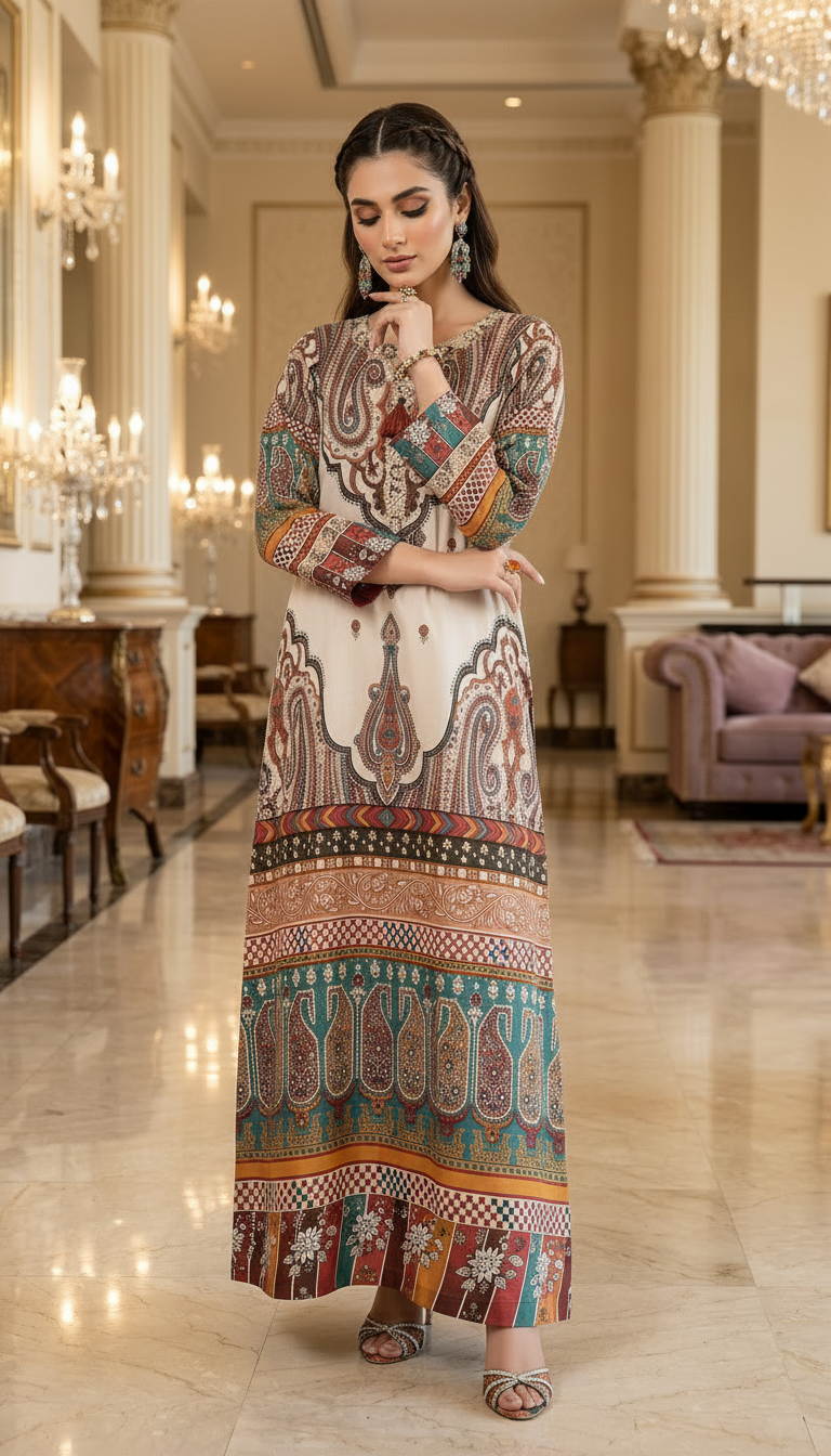 Iqsam Multicolour Linen Printed 2 Pcs Kaftan