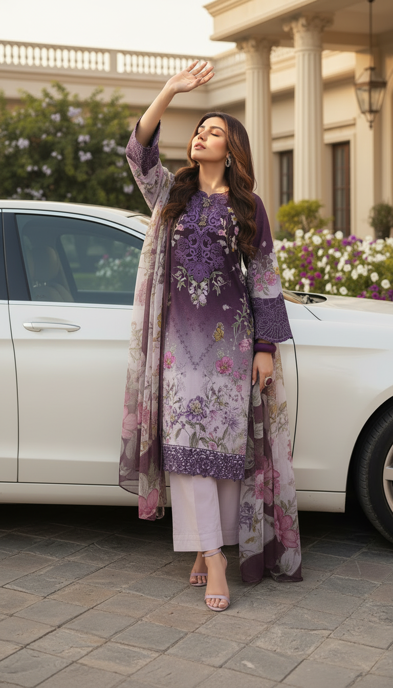 Lavvy Purple Embroidered Lawn 3 Pcs Dress