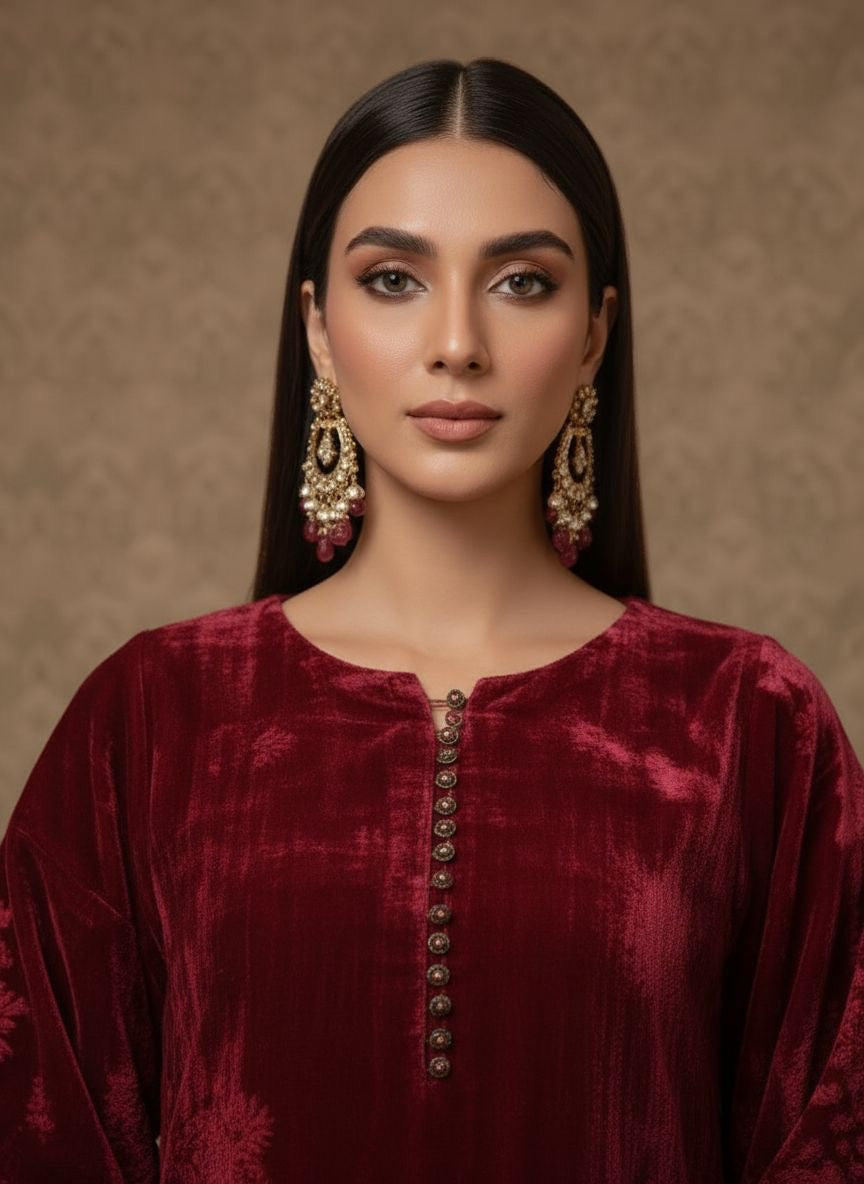 Kamera Maroon French Velvet Ready to Wear 2 Pcs Dress with Palachi Work