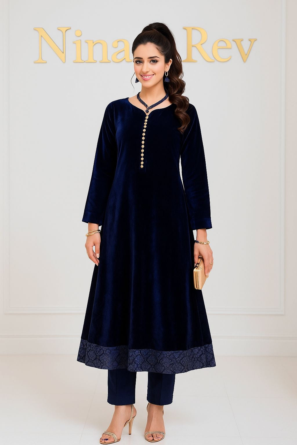 Regal Blue Velvet 2 Pcs Dress hi