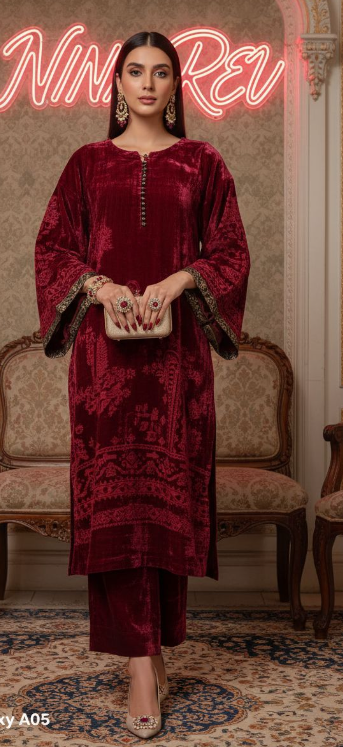 Kamera Maroon French Velvet Ready to Wear 2 Pcs Dress with Palachi Work