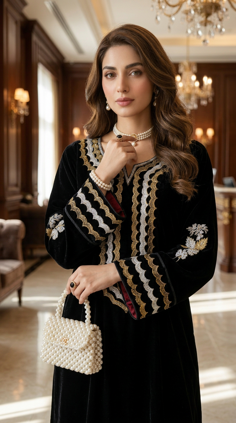 Ajea Velvet Ready to Wear 2 PCS Embroidered Dress